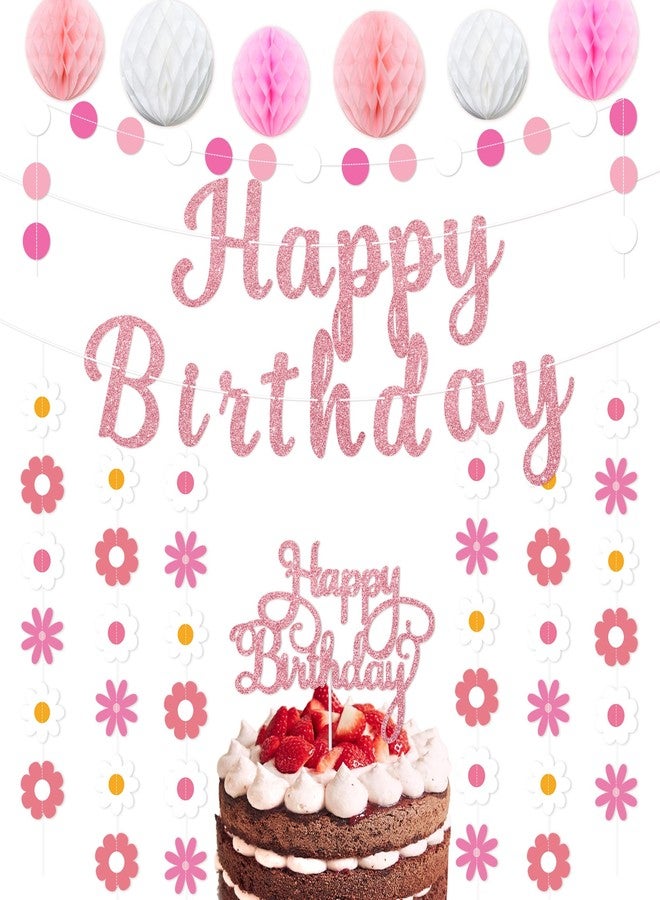 TMTECHJS Pink Daisy Birthday Decorations Pre-Strung Happy Birthday Banner with Honeycomb Balls Cake Topper Pink Flower Hanging Swirls Circle Dots Garland - Image 1